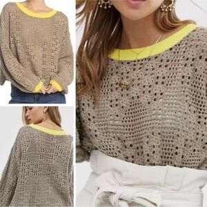 Free People Home Run Crop Knit Sweater Loose Open Weave Crochet Brown Medium